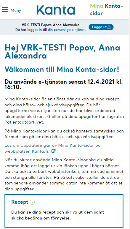 Kuvakaappaus OmaKannan etusivun mobiilinäkymästä