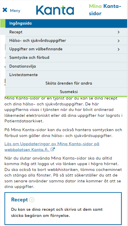 Kuvakaappaus OmaKannan etusivun mobiilinäkymästä