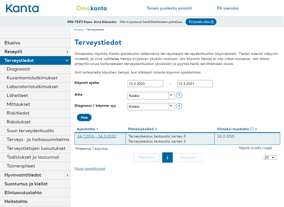 Kuvakaappaus OmaKannan Terveystiedot-sivulta