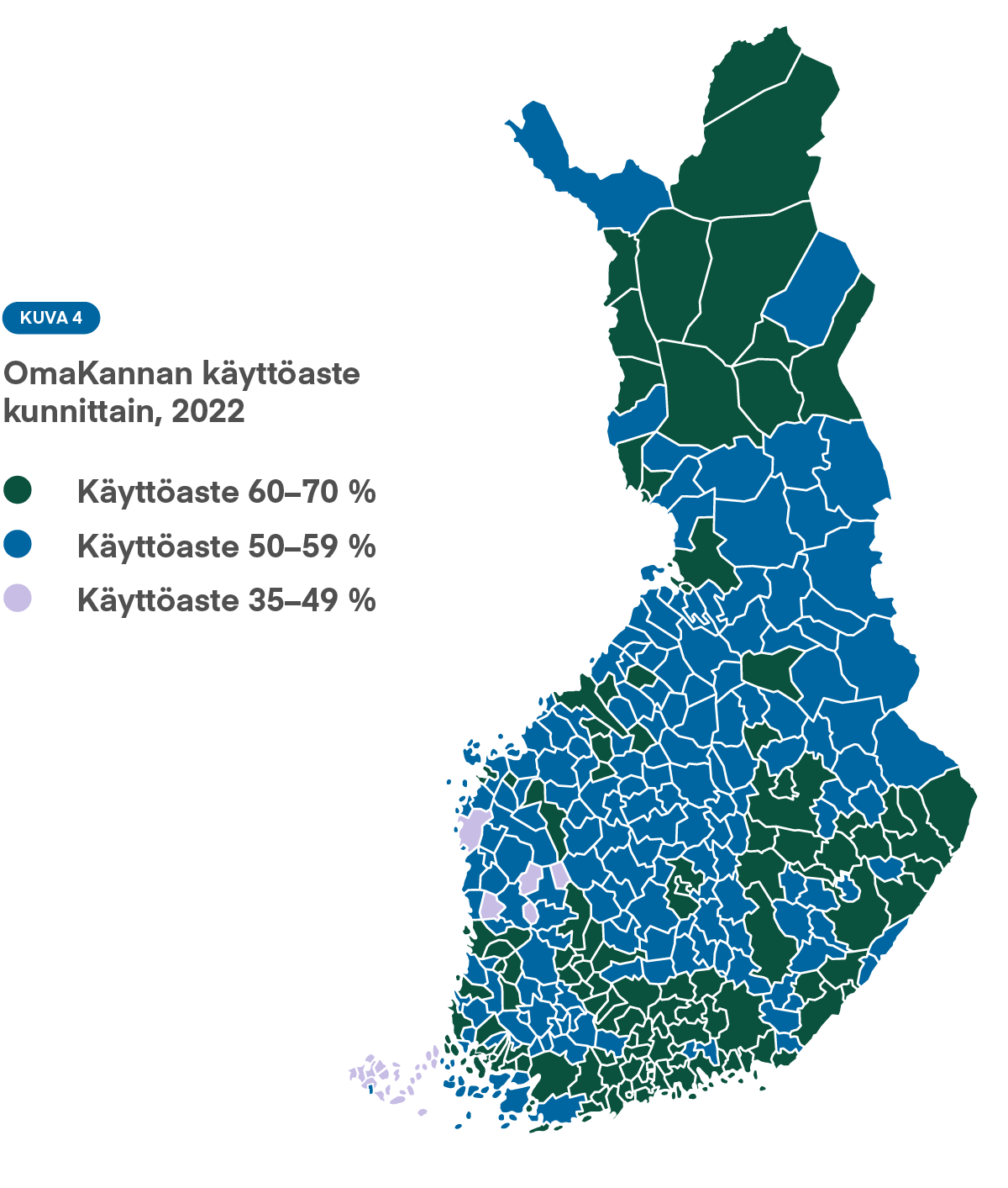 Kuva 4: Yleisintä OmaKannan käyttö on suurissa kaupungeissa, Etelä-Suomessa ja Lapissa. Palvelun käyttö on vähäisintä Kainuussa, Keski-Suomessa ja Pohjois-Karjalassa.