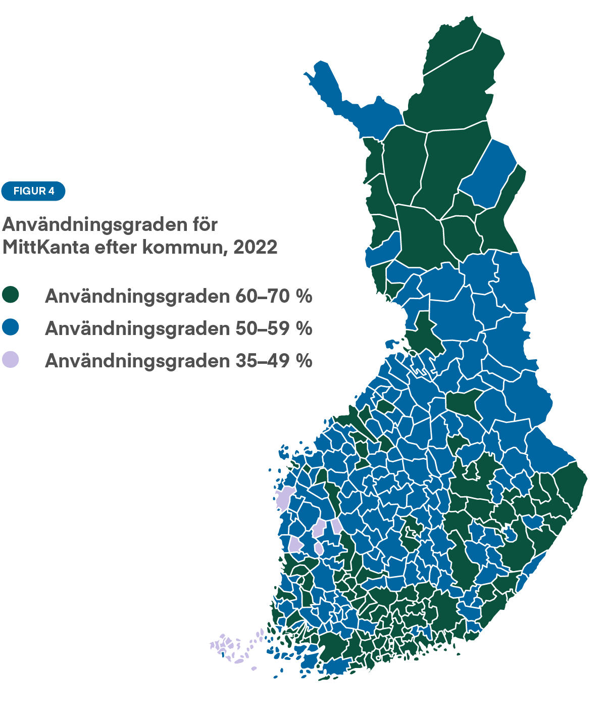 Figur 4: MittKanta används mest i stora städer, Södra Finland och Lappland. Tjänsten används minst i Kajanaland, Mellersta Finland och Österbotten..