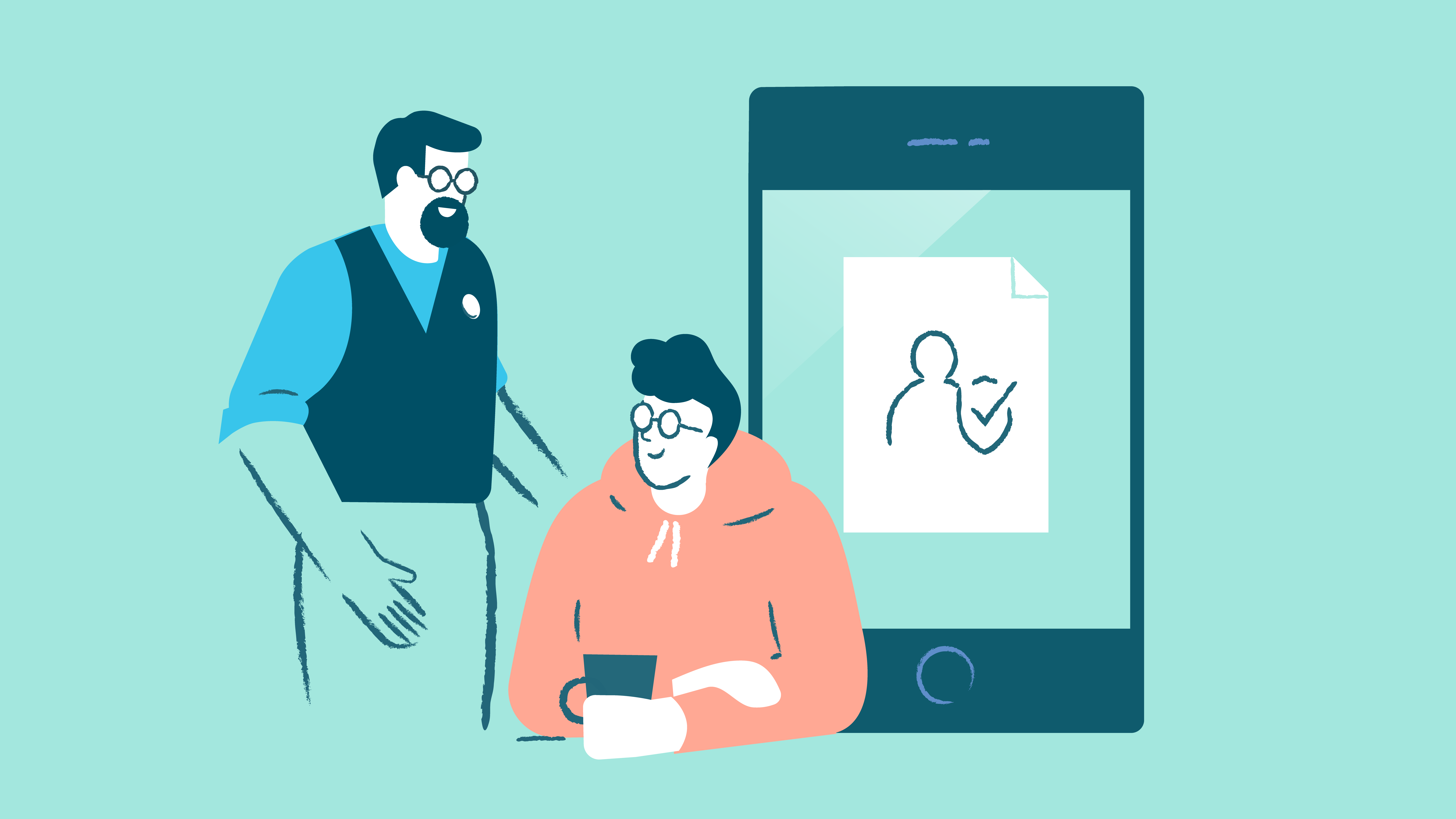 En illustrationsbild där en ung person sitter vid bordet framför en kopp kaffe och en socialarbetare står bredvid honom.