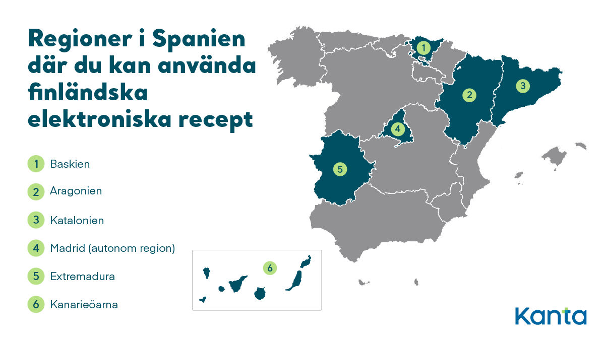 Regioner i Spanien där du kan använda finländska elektroniska recept: Baskien, Aragonien, Katalonien, Madrid (autonom region), Extremadura och Kanarieöarna.